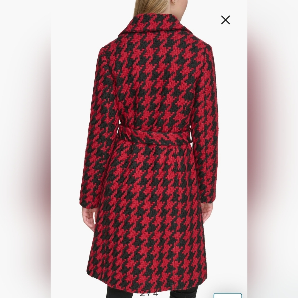 Karl Lagerfeld Red & Black Houndstooth Wool Blend Wrap Coat- LIKE NEW - Picture 14 of 16